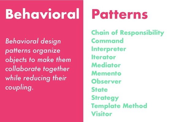 Behavioral
Chain of Responsibility
Command
Interpreter
Iterator
Mediator
Memento
Observer
State
Strategy
Template Method
Visitor
Behavioral design
patterns organize
objects to make them
collaborate together
while reducing their
coupling.
Patterns
