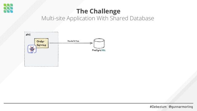 #Debezium @gunnarmorling
The Challenge
Multi-site Application With Shared Database
