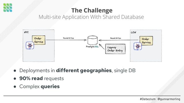 #Debezium @gunnarmorling
The Challenge
● Deployments in different geographies, single DB
● 90% read requests
● Complex queries
Multi-site Application With Shared Database
