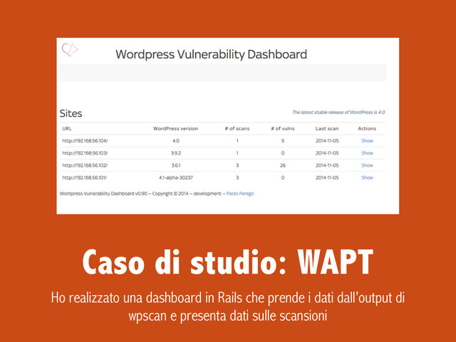 Caso di studio: WAPT
Ho realizzato una dashboard in Rails che prende i dati dall’output di
wpscan e presenta dati sulle scansioni
