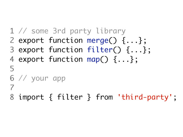 1 // some 3rd party library
2 export function merge() {...};
3 export function filter() {...};
4 export function map() {...};
5
6 // your app
7
8 import { filter } from 'third-party';
