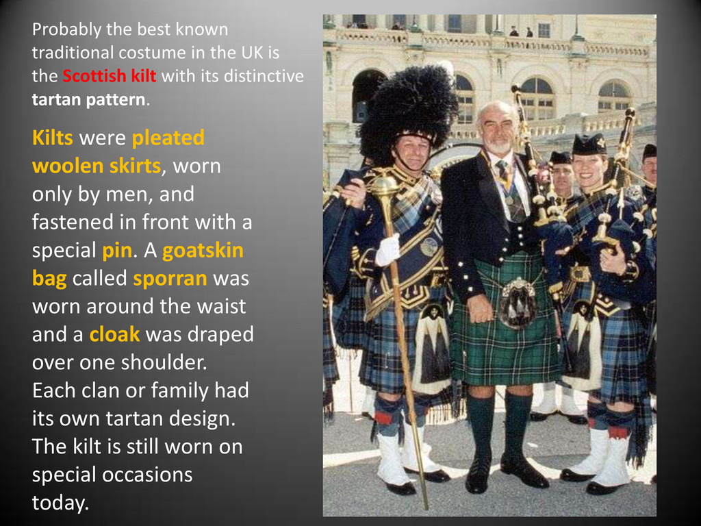 One of the most good known. Национальная одежда Великобритании. Национальные костюмы британских островов. Традиционные костюмы на британских островах. Презентация на тему национальные костюмы Великобритании.