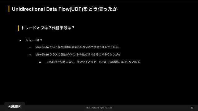 AbemaTV, Inc. All Rights Reserved
τϨʔυΦϑ͸ʁ୅ସखஈ͸ʁ
Unidirectional Data Flow(UDF)ΛͲ͏࢖͔ͬͨ
20
● τϨʔυΦϑ
○ ViewBinderͱ͍͏ଘࡏࣗମ͕ೃછΈ͕ͳ͍ͷͰֶशίετ্͕͕Δɻ
○ ViewBinderΫϥεͷҾ਺͕Πϕϯτͷ਺͚ͩͰ͖ΔͷͰଟ͘ͳΓ͕ͪ
■ → ໊લ෇͖Ҿ਺ʹͳΓɺ௥͍΍͍͢ͷͰɺͦ͜·Ͱͷ໰୊ʹ͸ͳΒͳ͍͸ͣɻ
