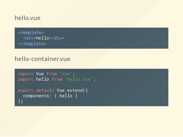 hello.vue

<div>Hello</div>

hello-container.vue
import Vue from "vue";
import hello from "hello.vue";
export default Vue.extend({
components: { hello }
})
