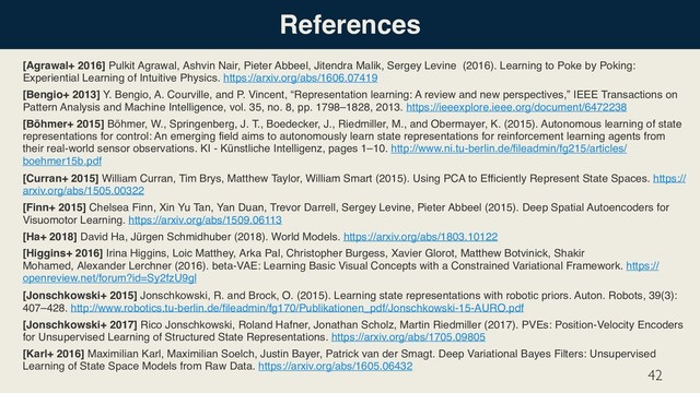 References
[Agrawal+ 2016] Pulkit Agrawal, Ashvin Nair, Pieter Abbeel, Jitendra Malik, Sergey Levine (2016). Learning to Poke by Poking:
Experiential Learning of Intuitive Physics. https://arxiv.org/abs/1606.07419
[Bengio+ 2013] Y. Bengio, A. Courville, and P. Vincent, “Representation learning: A review and new perspectives,” IEEE Transactions on
Pattern Analysis and Machine Intelligence, vol. 35, no. 8, pp. 1798–1828, 2013. https://ieeexplore.ieee.org/document/6472238
[Böhmer+ 2015] Böhmer, W., Springenberg, J. T., Boedecker, J., Riedmiller, M., and Obermayer, K. (2015). Autonomous learning of state
representations for control: An emerging field aims to autonomously learn state representations for reinforcement learning agents from
their real-world sensor observations. KI - Künstliche Intelligenz, pages 1–10. http://www.ni.tu-berlin.de/fileadmin/fg215/articles/
boehmer15b.pdf
[Curran+ 2015] William Curran, Tim Brys, Matthew Taylor, William Smart (2015). Using PCA to Efficiently Represent State Spaces. https://
arxiv.org/abs/1505.00322
[Finn+ 2015] Chelsea Finn, Xin Yu Tan, Yan Duan, Trevor Darrell, Sergey Levine, Pieter Abbeel (2015). Deep Spatial Autoencoders for
Visuomotor Learning. https://arxiv.org/abs/1509.06113
[Ha+ 2018] David Ha, Jürgen Schmidhuber (2018). World Models. https://arxiv.org/abs/1803.10122
[Higgins+ 2016] Irina Higgins, Loic Matthey, Arka Pal, Christopher Burgess, Xavier Glorot, Matthew Botvinick, Shakir
Mohamed, Alexander Lerchner (2016). beta-VAE: Learning Basic Visual Concepts with a Constrained Variational Framework. https://
openreview.net/forum?id=Sy2fzU9gl
[Jonschkowski+ 2015] Jonschkowski, R. and Brock, O. (2015). Learning state representations with robotic priors. Auton. Robots, 39(3):
407–428. http://www.robotics.tu-berlin.de/fileadmin/fg170/Publikationen_pdf/Jonschkowski-15-AURO.pdf
[Jonschkowski+ 2017] Rico Jonschkowski, Roland Hafner, Jonathan Scholz, Martin Riedmiller (2017). PVEs: Position-Velocity Encoders
for Unsupervised Learning of Structured State Representations. https://arxiv.org/abs/1705.09805
[Karl+ 2016] Maximilian Karl, Maximilian Soelch, Justin Bayer, Patrick van der Smagt. Deep Variational Bayes Filters: Unsupervised
Learning of State Space Models from Raw Data. https://arxiv.org/abs/1605.06432
42
