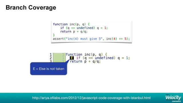 Branch Coverage
http://ariya.oﬁlabs.com/2012/12/javascript-code-coverage-with-istanbul.html
function inc(p, q) {
if (q == undefined) q = 1;
return p + q/q;
}
assert("inc(4) must give 5", inc(4) == 5);
E = Else is not taken
41

