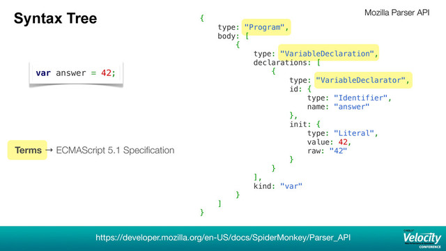 Syntax Tree Mozilla Parser API
https://developer.mozilla.org/en-US/docs/SpiderMonkey/Parser_API
var answer = 42;
{
type: "Program",
body: [
{
type: "VariableDeclaration",
declarations: [
{
type: "VariableDeclarator",
id: {
type: "Identifier",
name: "answer"
},
init: {
type: "Literal",
value: 42,
raw: "42"
}
}
],
kind: "var"
}
]
}
Terms → ECMAScript 5.1 Speciﬁcation
10
