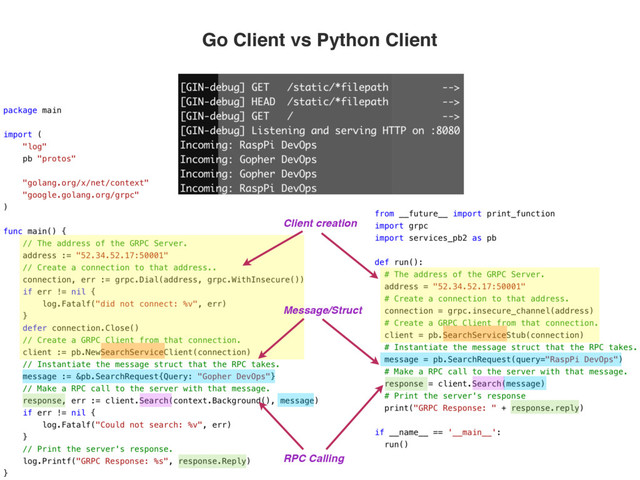 Go Client vs Python Client
Client creation
Message/Struct
RPC Calling
