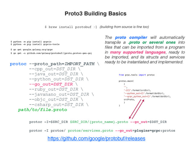 https://github.com/google/protobuf/releases
protoc --proto_path=IMPORT_PATH \
--cpp_out=DST_DIR \
--java_out=DST_DIR \
--python_out=DST_DIR \
--go_out=DST_DIR \
--ruby_out=DST_DIR \
--javanano_out=DST_DIR \
--objc_out=DST_DIR \
--csharp_out=DST_DIR \
path/to/file.proto
The proto compiler will automatically
transpile a .proto or several ones into
ﬁles that can be imported from a program
in many supported languages, ready to
be imported, and its structs and services
ready to be instantiated and implemented.
$ brew install protobuf :-) (building from source is ﬁne too)
Proto3 Building Basics
protoc -I=$SRC_DIR $SRC_DIR/{proto_name}.proto --go_out=$DST_DIR
protoc -I protos/ protos/services.proto --go_out=plugins=grpc:protos
$ python -m pip install grpcio
$ python -m pip install grpcio-tools
$ go get google.golang.org/grpc
$ go get -u github.com/golang/protobuf/{proto,protoc-gen-go}
