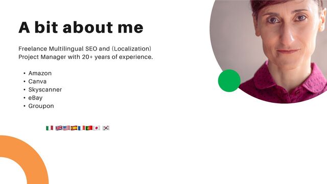 A bit about me
Freelance Multilingual SEO and (Localization)
Project Manager with 20+ years of experience.
• Amazon
• Canva
• Skyscanner
• eBay
• Groupon
🇮🇹‍ 🇬🇧🇺🇸🇪🇸🇫🇷🇵🇹🇯🇵‍‍‍‍‍‍ 🇰🇷‍
