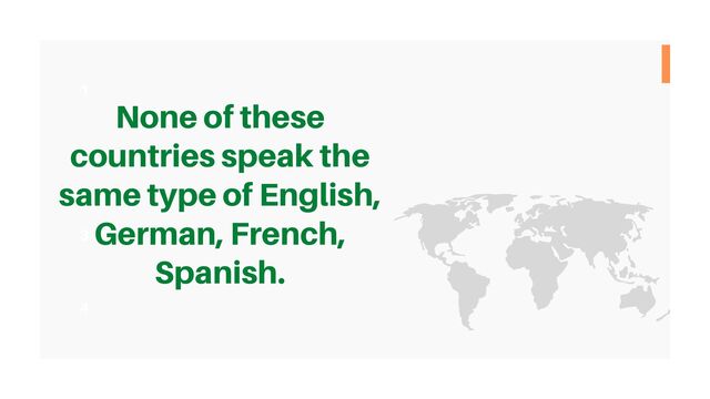1
3
None of these
countries speak the
same type of English,
German, French,
Spanish.
4
