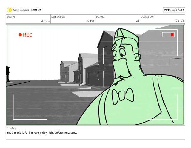 Scene
2_A_1
Duration
53:08
Panel
21
Duration
02:06
Dialog
and I made it for him every day right before he passed.
Harold Page 123/151
