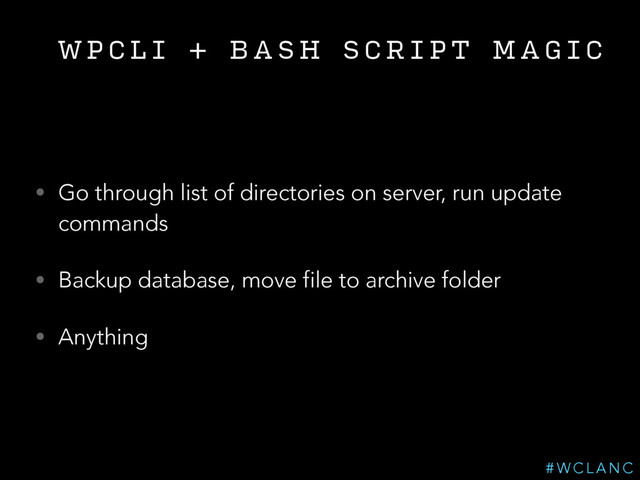W P C L I + B A S H S C R I P T M A G I C
• Go through list of directories on server, run update
commands
• Backup database, move file to archive folder
• Anything
# W C L A N C
