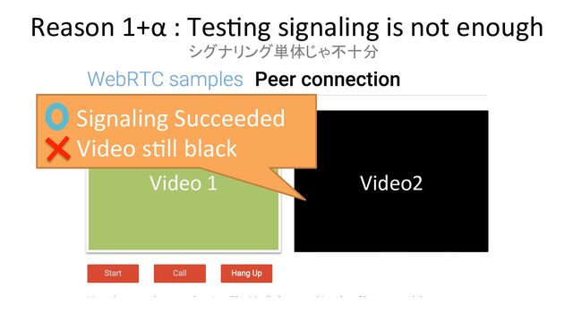 Reason 1+α : Tes+ng signaling is not enough
Video 1 Video2
　　Signaling Succeeded
　　Video s+ll black
シグナリング単体じゃ不十分

