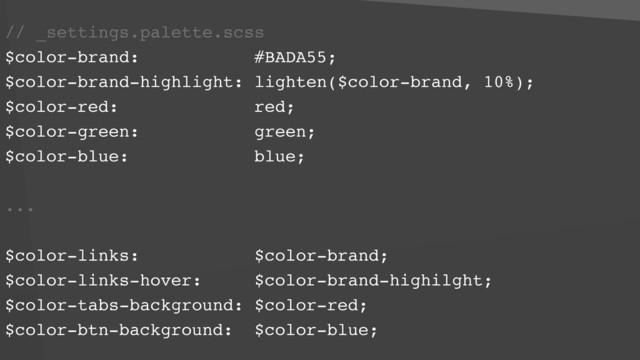 // _settings.palette.scss
$color-brand: #BADA55;
$color-brand-highlight: lighten($color-brand, 10%);
$color-red: red;
$color-green: green;
$color-blue: blue;
...
$color-links: $color-brand;
$color-links-hover: $color-brand-highilght;
$color-tabs-background: $color-red;
$color-btn-background: $color-blue;
