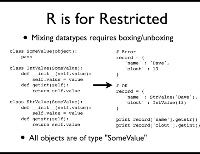 R is for Restricted
• Mixing datatypes requires boxing/unboxing
class SomeValue(object):
pass
class IntValue(SomeValue):
def __init__(self,value):
self.value = value
def getint(self):
return self.value
class StrValue(SomeValue):
def __init__(self,value):
self.value = value
def getstr(self):
return self.value
# Error
record = {
'name' : 'Dave',
'clout' : 13
}
# OK
record = {
'name' : StrValue('Dave'),
'clout' : IntValue(13)
}
print record['name'].getstr()
print record['clout'].getint()
• All objects are of type "SomeValue"
