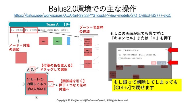 Balus2.0環境での主な操作
https://balus.app/workspaces/AUARarRa9l33PY3TcopEP/view-models/2IO_CvijBxHBS777-zkxC
もしこの画面が出ても慌てずに
「キャンセル」または「×」を押下
もし誤って削除してしまっても
[Ctrl+z]で戻せます
Copyright © Kenji Adachi@Software Quasol , All Rights Reserved
【関係線を引く】
押下＋つなぐ先の
付箋へ
【付箋の色を変える】
ドラッグして選択
ゾーン＝包含枠
の追加
ノード＝付箋
の追加
