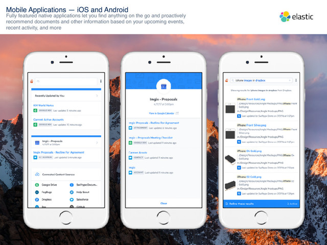 Mobile Applications — iOS and Android
Fully featured native applications let you ﬁnd anything on the go and proactively
recommend documents and other information based on your upcoming events,
recent activity, and more
