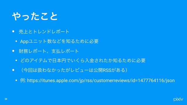 • ച্ͱτϨϯυϨϙʔτ
• AppϢχοτ਺ͳͲΛ஌ΔͨΊʹඞཁ
• ࡒ຿Ϩϙʔτɺࢧ෷Ϩϙʔτ
• ͲͷΞΠςϜͰ೔ຊԁͰ͍͘Βೖۚ͞Ε͔ͨ஌ΔͨΊʹඞཁ
• ʢࠓճ͸ѻΘͳ͔͕ͬͨϨϏϡʔ͸ެ։RSS͕͋Δʣ
• ྫ: https://itunes.apple.com/jp/rss/customerreviews/id=1477764116/json

΍ͬͨ͜ͱ
