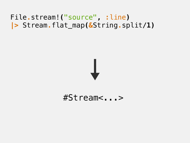File.stream!("source", :line)
|> Stream.flat_map(&String.split/1)
#Stream<...>

