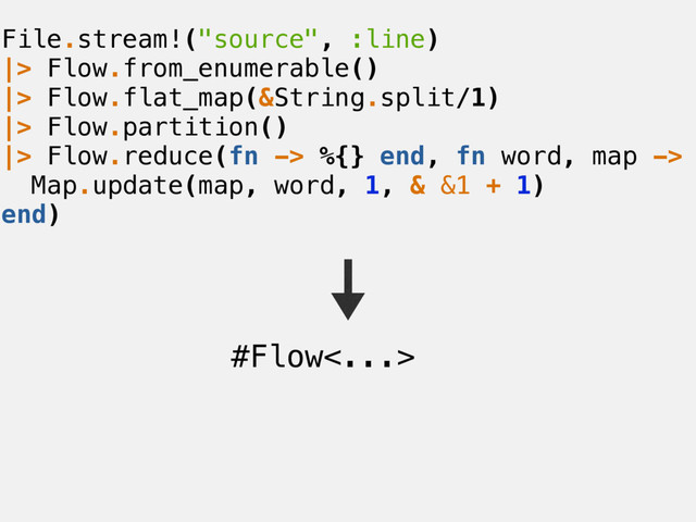 File.stream!("source", :line)
|> Flow.from_enumerable()
|> Flow.flat_map(&String.split/1)
|> Flow.partition()
|> Flow.reduce(fn -> %{} end, fn word, map ->
Map.update(map, word, 1, & &1 + 1)
end)
#Flow<...>
