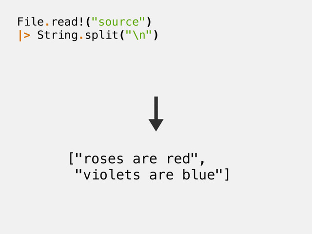 File.read!("source")
|> String.split("\n")
["roses are red",
"violets are blue"]
