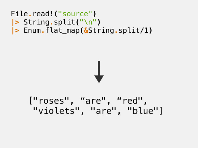 File.read!("source")
|> String.split("\n")
|> Enum.flat_map(&String.split/1)
["roses", “are", “red",
"violets", "are", "blue"]
