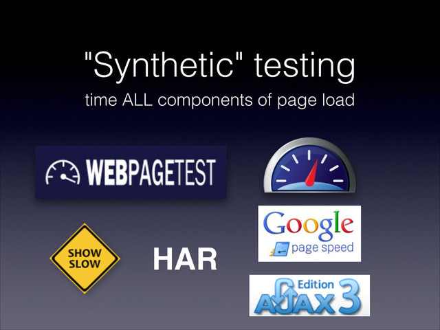 "Synthetic" testing
time ALL components of page load
HAR

