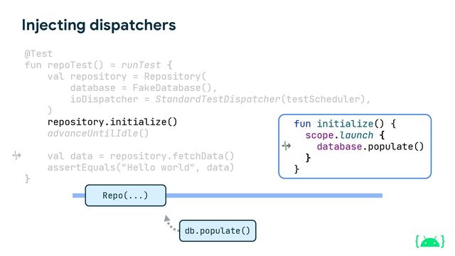 Injecting dispatchers
@Test
fun repoTest() = runTest {
val repository = Repository(
database = FakeDatabase(),
ioDispatcher = StandardTestDispatcher(testScheduler),
)
repository.initialize()
advanceUntilIdle()
val data = repository.fetchData()
assertEquals("Hello world", data)
}
Repo(...)
db.populate()
fun initialize() {
scope.launch {
database.populate()
}
}
