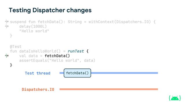 Testing Dispatcher changes
suspend fun fetchData(): String = withContext(Dispatchers.IO) {
delay(1000L)
"Hello world"
}
@Test
fun dataIsHelloWorld() = runTest {
val data = fetchData()
assertEquals("Hello world", data)
}
Test thread
Dispatchers.IO
fetchData()
