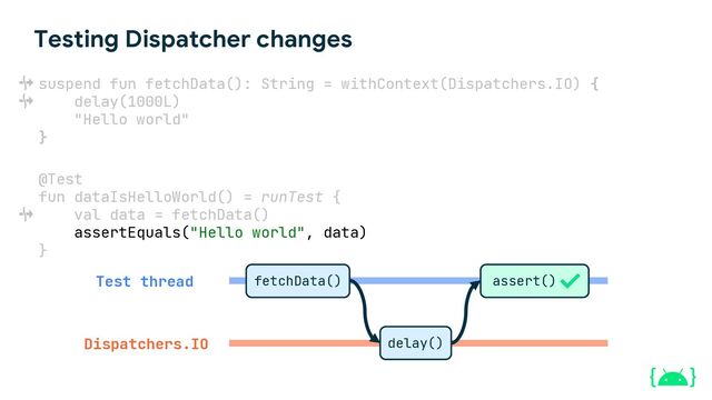 Testing Dispatcher changes
suspend fun fetchData(): String = withContext(Dispatchers.IO) {
delay(1000L)
"Hello world"
}
@Test
fun dataIsHelloWorld() = runTest {
val data = fetchData()
assertEquals("Hello world", data)
}
Test thread
Dispatchers.IO
fetchData()
delay()
assert()
