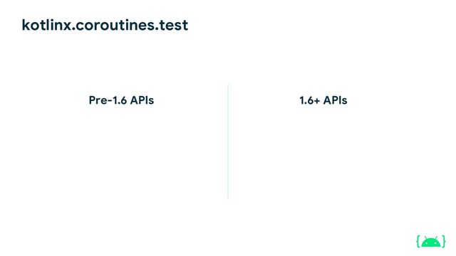 kotlinx.coroutines.test
Pre-1.6 APIs 1.6+ APIs
