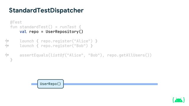 StandardTestDispatcher
@Test
fun standardTest() = runTest {
val repo = UserRepository()
launch { repo.register("Alice") }
launch { repo.register("Bob") }
assertEquals(listOf("Alice", "Bob"), repo.getAllUsers())
}
UserRepo()
