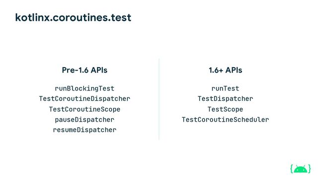 kotlinx.coroutines.test
1.6+ APIs
runTest
TestDispatcher
TestScope
TestCoroutineScheduler
Pre-1.6 APIs
runBlockingTest
TestCoroutineDispatcher
TestCoroutineScope
pauseDispatcher
resumeDispatcher
