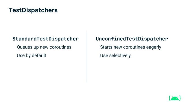 TestDispatchers
StandardTestDispatcher
Queues up new coroutines
Use by default
UnconfinedTestDispatcher
Starts new coroutines eagerly
Use selectively
