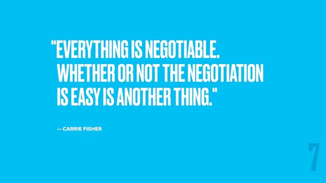 "EVERYTHING IS NEGOTIABLE.
WHETHER OR NOT THE NEGOTIATION
IS EASY IS ANOTHER THING."
— CARRIE FISHER
7
