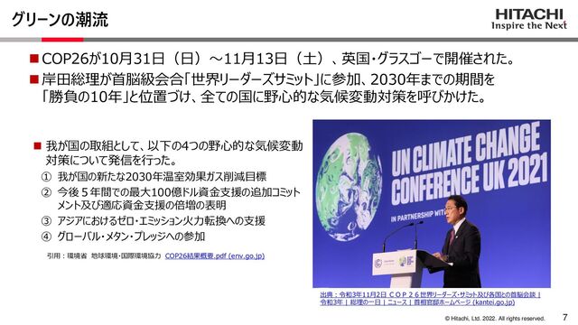 7
© Hitachi, Ltd. 2022. All rights reserved.
グリーンの潮流
◼COP26が10月31日（日）～11月13日（土）、英国・グラスゴーで開催された。
◼岸田総理が首脳級会合「世界リーダーズサミット」に参加、2030年までの期間を
「勝負の10年」と位置づけ、全ての国に野心的な気候変動対策を呼びかけた。
◼ 我が国の取組として、以下の4つの野心的な気候変動
対策について発信を行った。
① 我が国の新たな2030年温室効果ガス削減目標
② 今後５年間での最大100億ドル資金支援の追加コミット
メント及び適応資金支援の倍増の表明
③ アジアにおけるゼロ・エミッション火力転換への支援
④ グローバル・メタン・プレッジへの参加
出典：令和3年11月2日 ＣＯＰ２６世界リーダーズ・サミット及び各国との首脳会談 |
令和3年 | 総理の一日 | ニュース | 首相官邸ホームページ (kantei.go.jp)
引用：環境省 地球環境・国際環境協力 COP26結果概要.pdf (env.go.jp)
