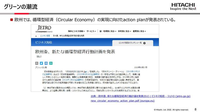 8
© Hitachi, Ltd. 2022. All rights reserved.
◼ 欧州では、循環型経済（Circular Economy）の実現に向けたaction planが発表されている。
出典：欧州委、新たな循環型経済行動計画を発表(EU) | ビジネス短信 - ジェトロ (jetro.go.jp)
new_circular_economy_action_plan.pdf (europa.eu)
グリーンの潮流
