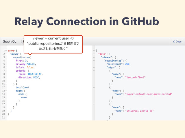 Relay Connection in GitHub
WJFXFSDVSSFOUVTFSͷ
lQVCMJDSFQPTJUPSJFT͔Β࠷৽ͭ
ͨͩ͠GPSLΛআ͘z

