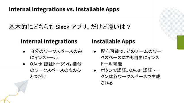 Internal Integrations vs. Installable Apps
基本的にどちらも Slack アプリ。だけど違いは？
Internal Integrations
● 自分のワークスペースのみ
にインストール
● OAuth 認証トークンは自分
のワークスペースのものひ
とつだけ
Installable Apps
● 配布可能で、どのチームのワー
クスペースにでも自由にインス
トール可能
● ボタンで認証。OAuth 認証トー
クンは各ワークスペースで生成
される
