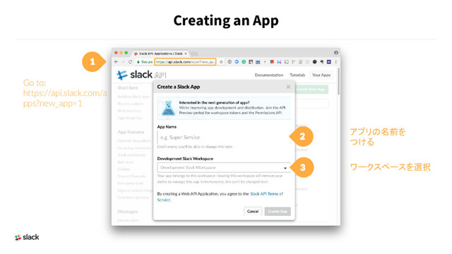 Creating an App
Go to:
https://api.slack.com/a
pps?new_app=1
アプリの名前を
つける
ワークスペースを選択
2
3
1
