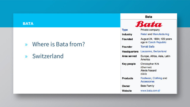 BATA
» Where is Bata from?
» Switzerland
