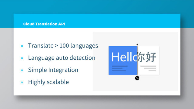 Cloud Translation API
» Translate > 100 languages
» Language auto detection
» Simple Integration
» Highly scalable
