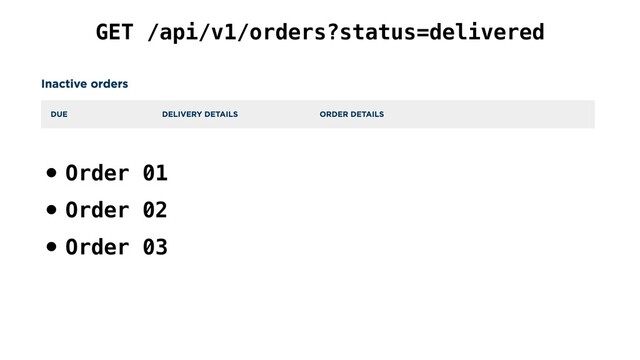 GET /api/v1/orders?status=delivered
• Order 01
• Order 02
• Order 03

