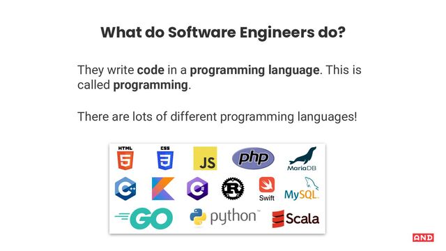 What do Software Engineers do?
They write code in a programming language. This is
called programming.
There are lots of different programming languages!
