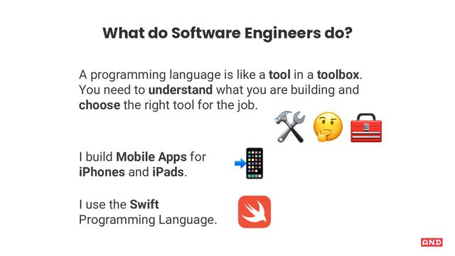 A programming language is like a tool in a toolbox.
You need to understand what you are building and
choose the right tool for the job.
0
1
I build Mobile Apps for
iPhones and iPads.
I use the Swift
Programming Language.
3
2
What do Software Engineers do?
