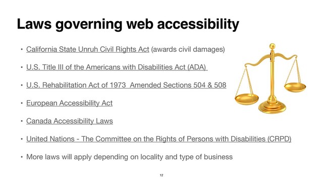 • California State Unruh Civil Rights Act (awards civil damages)

• U.S. Title III of the Americans with Disabilities Act (ADA)
• U.S. Rehabilitation Act of 1973 Amended Sections 504 & 508
• European Accessibility Act
• Canada Accessibility Laws
• United Nations - The Committee on the Rights of Persons with Disabilities (CRPD)
• More laws will apply depending on locality and type of business
Laws governing web accessibility
12
