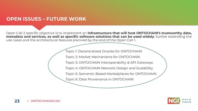 | ONTOCHAIN.NGI.EU
Open Call 2 specific objective is to implement an infrastructure that will host ONTOCHAIN’s trustworthy data,
metadata and services, as well as specific software solutions that can be used widely, further extending the
use cases and the architectural features planned by the end of the Open Call 1.
Topic 1: Decentralized Oracles for ONTOCHAIN
Topic 2: Market Mechanisms for ONTOCHAIN
Topic 3: ONTOCHAIN Interoperability & API Gateways
Topic 4: ONTOCHAIN Network Design and Scalability
Topic 5: Semantic Based Marketplaces for ONTOCHAIN
Topic 6: Data Provenance in ONTOCHAIN
23
OPEN ISSUES – FUTURE WORK
