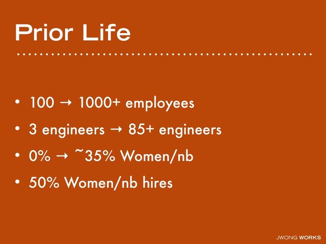 JWONG WORKS
Prior Life
• 100 → 1000+ employees
• 3 engineers → 85+ engineers
• 0% → ~35% Women/nb
• 50% Women/nb hires

