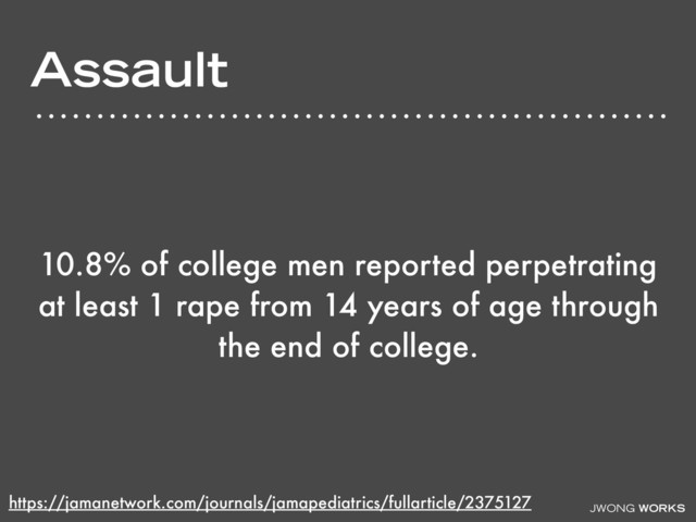 JWONG WORKS
Assault
10.8% of college men reported perpetrating
at least 1 rape from 14 years of age through
the end of college.
https://jamanetwork.com/journals/jamapediatrics/fullarticle/2375127
